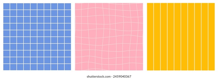 Groovy checkered seamless patterns in blue, pink, and yellow colors.Retro funky background with distorted grid tile vector pattern set. Gingham vector wallpaper for print templates or textiles. 