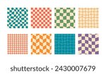 Groovy checkered seamless patterns collection. Retro distorted grid psychedelic backgrounds.