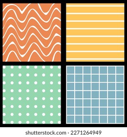 Groovy patrones a la costura sin costura, antecedentes estéticos vintage, textura psicodélica de tablero de ajedrez. Impresión textil de moda hippie Funky, fondo retro con conjunto de patrones vectoriales de mosaico de cuadrícula distorsionados