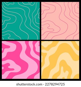 Groovy karierte nahtlose Muster, vintage ästhetische Hintergründe, psychedelische Schachbrettmuster. Funky Hippie-Mode-Stoffdruck, Retrohintergrund mit verzerrtem gitterflippigem Vektormuster-Set