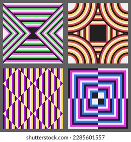 Groovy checkered seamless patterns, vintage aesthetic backgrounds, psychedelic checkerboard texture. Funky hippie fashion textile print, retro background with distorted grid tile vector pattern set