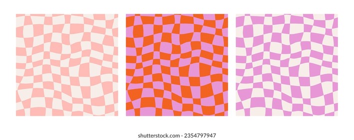 Groovy patrones a la costura sin costura, antecedentes estéticos vintage, textura psicodélica de tablero de ajedrez. Impresión textil de moda hippie Funky, fondo retro con conjunto de patrones vectoriales de mosaico de cuadrícula distorsionados