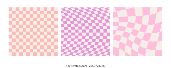 Groovy checkered seamless patterns, vintage aesthetic backgrounds, psychedelic checkerboard texture. Funky hippie fashion textile print, retro background with distorted grid tile vector pattern set