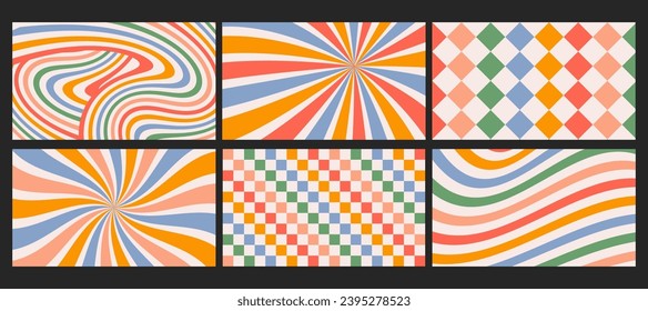 Groovy checkered seamless patterns, vintage aesthetic backgrounds, psychedelic checkerboard texture. Funky hippie fashion textile print, retro background with distorted grid tile vector pattern set