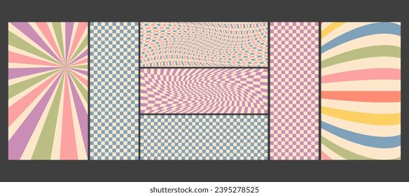 Groovy checkered seamless patterns, vintage aesthetic backgrounds, psychedelic checkerboard texture. Funky hippie fashion textile print, retro background with distorted grid tile vector pattern set