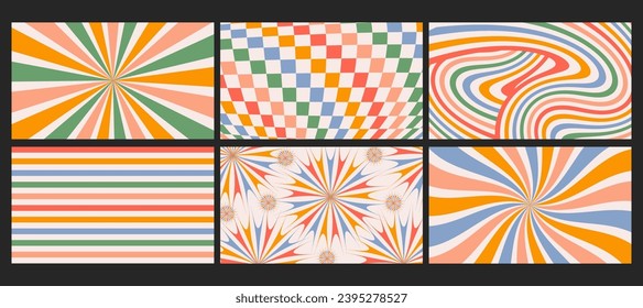 Groovy checkered seamless patterns, vintage aesthetic backgrounds, psychedelic checkerboard texture. Funky hippie fashion textile print, retro background with distorted grid tile vector pattern set