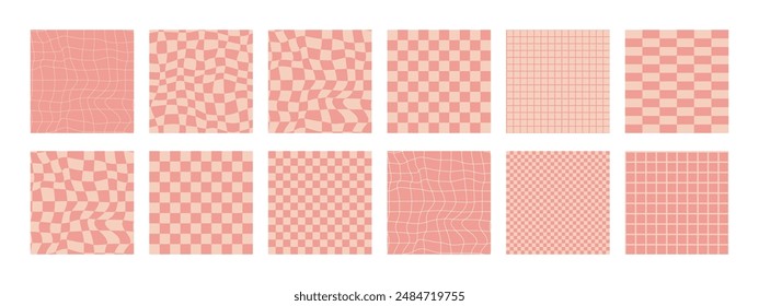 Groovy checkered seamless patterns, vintage aesthetic backgrounds, psychedelic checkerboard texture. Funky hippie fashion textile print, retro background with distorted grid tile vector pattern set