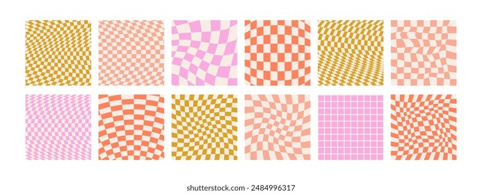 Groovy checkered seamless patterns, vintage aesthetic backgrounds, psychedelic checkerboard texture. Funky hippie fashion textile print, retro background with distorted grid tile vector pattern set