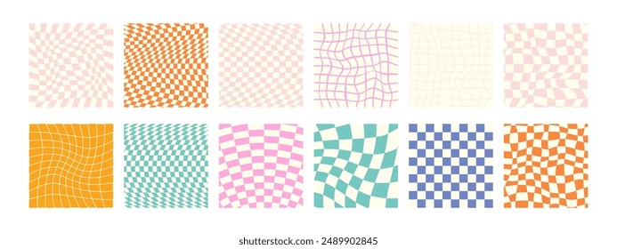 Groovy checkered seamless patterns, vintage aesthetic backgrounds, psychedelic checkerboard texture. Funky hippie fashion textile print, retro background with distorted grid tile vector pattern set