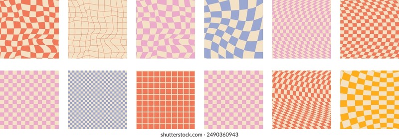 Groovy checkered seamless patterns, vintage aesthetic backgrounds, psychedelic checkerboard texture. Funky hippie fashion textile print, retro background with distorted grid tile vector pattern set