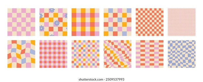 Groovy checkered seamless patterns, vintage aesthetic backgrounds, psychedelic checkerboard texture. Funky hippie fashion textile print, retro background with distorted grid tile vector pattern set