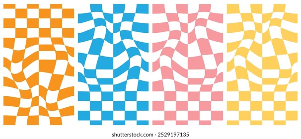 Groovy cuadros patrones sin fisuras, fondos estéticos vintage, textura de tablero de ajedrez psicodélico. Impresión textil hippie funky de la moda, fondo retro con el sistema distorsionado del modelo del Vector de la teja de la rejilla