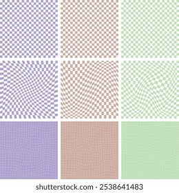 Groovy checkered seamless patterns, vintage aesthetic backgrounds, psychedelic checkerboard texture, Funky hippie fashion textile print, retro background with distorted grid tile vector pattern set