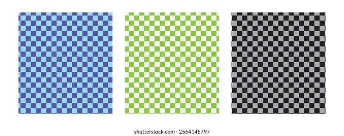 Groovy checkered seamless patterns, vintage aesthetic backgrounds, psychedelic checkerboard texture. Funky hippie fashion textile print, retro background with distorted grid tile vector pattern set