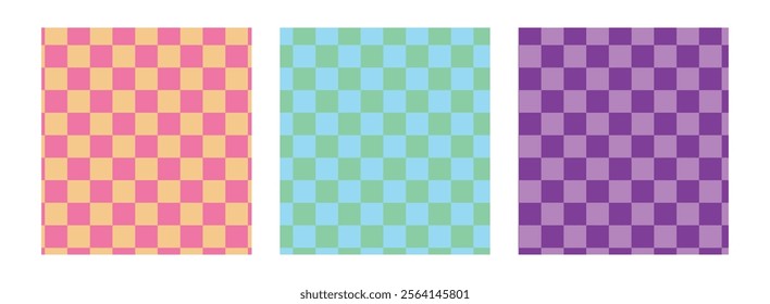 Groovy checkered seamless patterns, vintage aesthetic backgrounds, psychedelic checkerboard texture. Funky hippie fashion textile print, retro background with distorted grid tile vector pattern set
