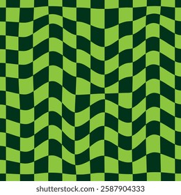 Groovy checkered seamless patterns, vintage aesthetic, Abstract illustration of with green square cells. Retro psychedelic checkered wallpaper. Wavy groovy chessboard surface. Color chessboard posters