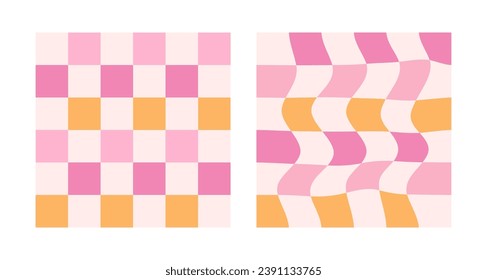 Groovy checkered vintage aesthetic backgrounds, psychedelic checkerboard texture. Funky hippie fashion textile print, retro background with distorted grid tile vector pattern set