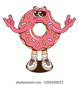 A Groovy cheerful dessert character. Retro cartoon vector illustration with a donut for print, isticker, stamp, patch or mascot for cafe, restaurant, bar. 