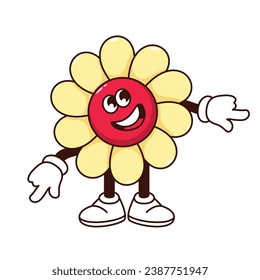 Groovy cheerful flower character vector illustration. Cartoon isolated retro comic sticker of psychedelic sunflower with funky smile on face, daisy with arms and legs pointing finger, happy flower