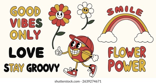 Groovy and cheerful illustrated elements with smiling characters and positive inspirational text for designs and projects