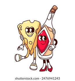 Groovy cheese and wine bottle cartoon characters hugging. Funny retro love hugs of cheese and drink couple, picnic and romantic date mascot, cartoon sticker of 70s 80s style vector illustration