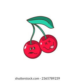 Groovy cherry character vector illustration. Cartoon isolated retro sticker of summer berry with psychedelic funny faces and trippy eyes, comic cute cherry fruit with crazy hippie vibe of 70s