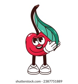 Groovy cherry character vector illustration. Cartoon isolated retro sticker of cute summer berry fruit mascot with funny expression on face and leaf on stem, kawaii cherry with arms and legs