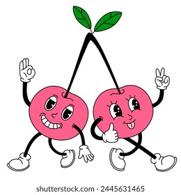 Groovy cherry fruit. Hand draw Funny Retro vintage trendy style fruit cartoon character. Doodle Comic vector illustration 