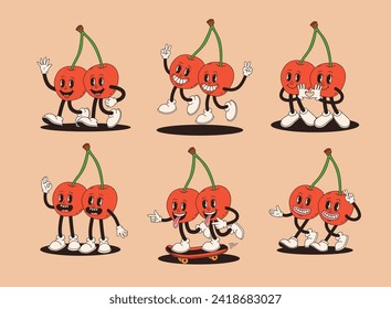 Groovy cherry mascot in different poses. Funky retro character. Set of cartoon cherries, smiling, walking, on skateboard, showing heart with hands.