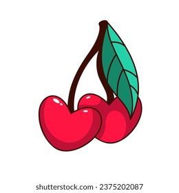 Groovy cherry vector illustration. Cartoon isolated retro love sticker, glossy red bright berry in shape of heart with green leaf, funny decorative cherry emoji with hippie vibe for Valentines Day