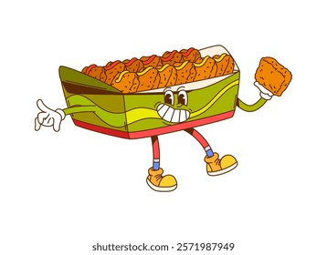 Groovy chicken nuggets or retro cartoon fast food hippie character, vector funny snack. Groovy chicken nuggets box with happy smile and funky face, psychedelic hippie or hipster fast food character