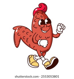 Groovy chicken wing cartoon character walking with smile. Funny retro deep fried chicken piece in oil or barbecue. BBQ party, picnic mascot, cartoon fast food sticker of 70s 80s vector illustration