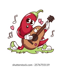 Groovy chili pepper cartoon character playing love melody on guitar and singing. Funny retro vegetable giving song. Valentines day, love mascot, cartoon sticker of 70s 80s style vector illustration