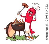 Groovy chilli pepper cartoon character in chefs hat grilling steak. Funny retro chilli cooker cooking meat on grill, BBQ party mascot, cartoon barbeque sticker of 70s 80s style vector illustration