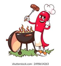 Groovy chilli pepper cartoon character in chefs hat grilling steak. Funny retro chilli cooker cooking meat on grill, BBQ party mascot, cartoon barbeque sticker of 70s 80s style vector illustration