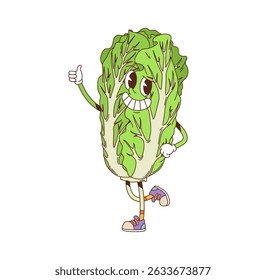 Groovy Chinese cabbage vegetable cartoon character with funny face, vector personage. Groovy Chinese cabbage or napa lettuce in retro cartoon with happy smile and thumb up gesture for veggie emoji