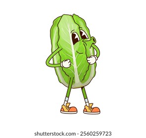 Groovy Chinese cabbage vegetable character with friendly face, wearing sneakers, and whistling happily. Isolated cartoon vector ripe and healthy farm veggie personage exudes a cheerful, energetic vibe