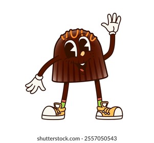 Groovy chocolate candy character with cheerful and sweet expression, adorned with topping drizzles, wearing colorful retro sneakers and waving hand, exudes funky and playful retro hippie vibes