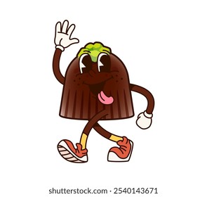 Groovy chocolate candy character with a playful expression, sticking out its tongue and wearing sneakers. Isolated cartoon vector sweet pastry treat, truffle or praline personage exudes fun and joy