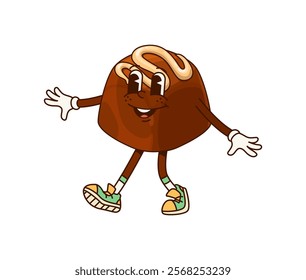 Groovy chocolate candy or confectionery sweet dessert character, cartoon vector. Groovy chocolate confection with happy smile on funny face and nougat or caramel syrup for pastry cartoon character