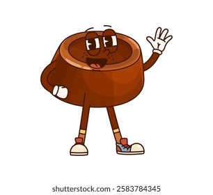 Groovy chocolate candy dessert happy character. Chocolate praline or souffle candy happy groovy mascot waving hand. Caramel candy sweet snack or dessert gift vector personage or funny character