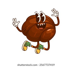 Groovy chocolate candy sweet cartoon character with crazy silly face, vector funny emoji. Funky confection or groovy chocolate candy jumping or freaking with happy smile for dessert cartoon character