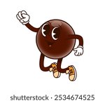 Groovy chocolate candy sweet character. Isolated cartoon vector lively brown ball, confectionery dessert personage jumping with raised fist and joyful expression, exudes fun, happiness and playfulness