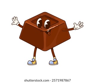 Groovy chocolate candy sweet character with expressive eyes, wearing blue sneakers and gloves, embodying joy and playfulness. Isolated vector candy pastry retro personage exudes a happy sweet vibe