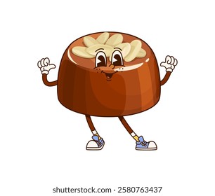 Groovy chocolate candy sweet cheerful character. Sweet chocolate candy with almond nuts groovy happy character. caramel or praline dessert confectionery vintage vector funny personage