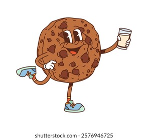 Groovy chocolate cookie dessert character. Breakfast dessert chocolate cookie cartoon isolated vector cheerful personage, cafe sweet pastry meal happy smiling groovy character with glass of milk