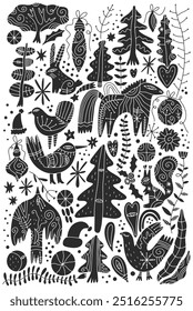 Groovy Christmas animals set. Hygge Noel Scandinavian style bundle, design collage isolated cutout elements. Birds, horse, rabbit, squirrel, woodland characters, xmas tree elm and more botanicals