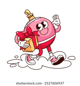 Groovy Christmas ball cartoon character walking with gift to holidays. Funny retro round bauble for Christmas Tree greeting. Toy mascot, cartoon Xmas ball sticker of 70s 80s style vector illustration