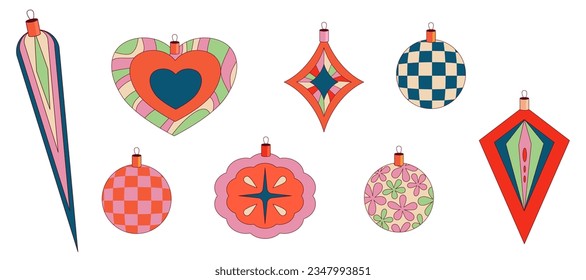 Groovy Christmas ball set. Retro winter holiday ball. Merry xmas element. Retro cartoon vector illustration. Holiday trippy design.