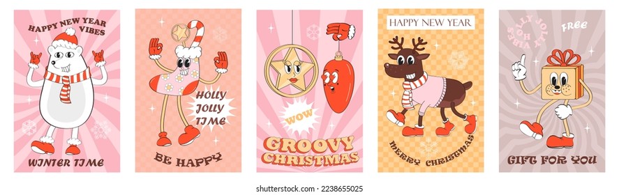 Groovy Christmas banner set vector. Hipster white bear, deer, gift. Crazy, funny socks, New Year tree balls. Cute mascot characters  in 60s, 70s style. 